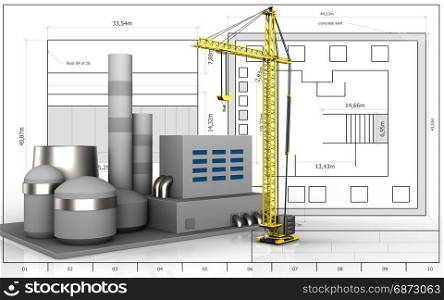 3d illustration of factory over blueprint background. 3d blank
