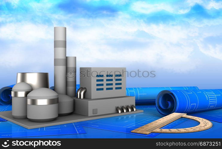 3d illustration of factory over sky background. 3d