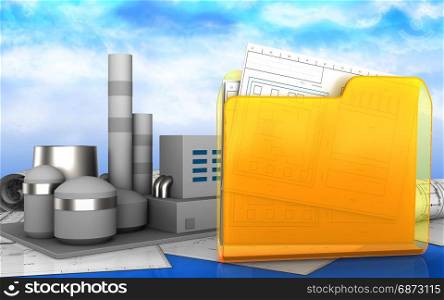 3d illustration of factory over sky background. 3d drawings rolls