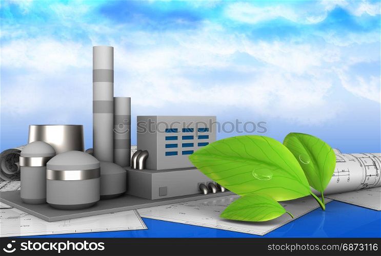 3d illustration of factory over sky background. 3d of factory
