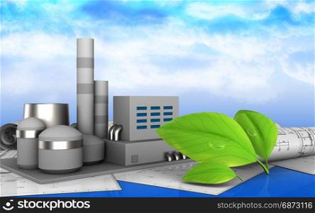 3d illustration of factory over sky background. 3d of factory