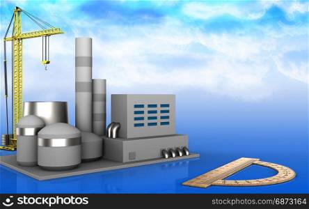 3d illustration of factory with crane over sky background. 3d with crane