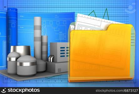 3d illustration of factory with drawing roll over graph background. 3d of folder