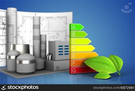 3d illustration of factory with drawings over blue background. 3d of power ranks