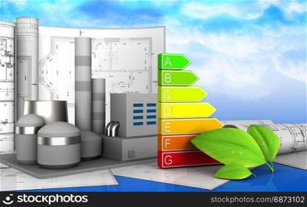 3d illustration of factory with drawings over sky background. 3d with drawings