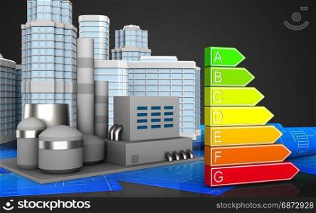 3d illustration of factory with urban scene over black background. 3d of power rating
