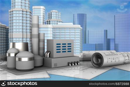 3d illustration of factory with urban scene over skyscrappers background. 3d drawings rolls
