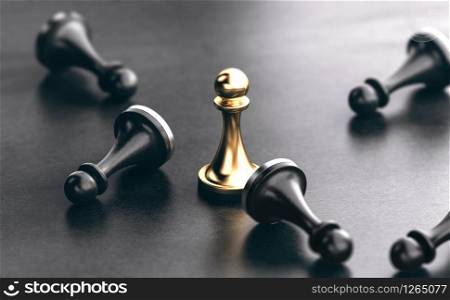 3D illustration of fallen black pawns and a golden one standing up. Concept of competitors marketing or business strategy.. Beat Competitors. Marketing Strategy Concept