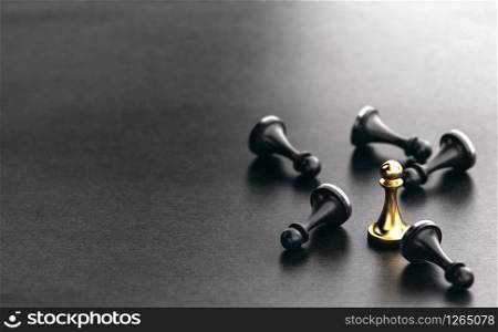 3D illustration of fallen black pawns and a golden one standing up. Black Paper Background. Concept of strategic business or competitors strategy.. Strategic Business, Overcoming Competitors Concept.