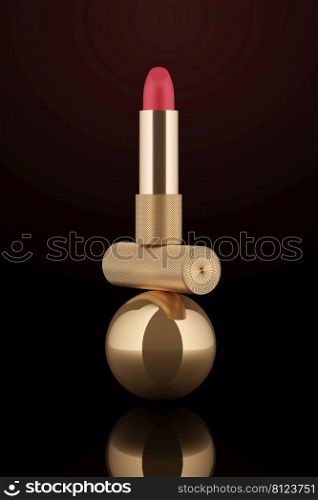 3d illustration of fashionable lipstick on a mirror golden ball.Fashion cosmetics. Makeup design background. Use flyer, banner, flyer template for advertising.