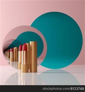 3d illustration of fashionable lipstick with mirrors and reflections.Fashion cosmetics. Makeup design background. Use flyer, banner, flyer template for advertising.
