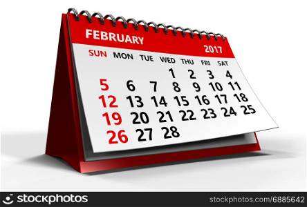 3d illustration of february 2017 calendar over white background with shadow
