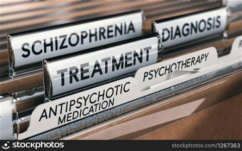 3D illustration of files with schizophrenia diagnosis and treatment with antipsychotic medication and psychotherapy. Mental health conditions concept.. Mental health conditions, schizophrenia diagnosis and treatment with antipsychotic medication and psychotherapy.