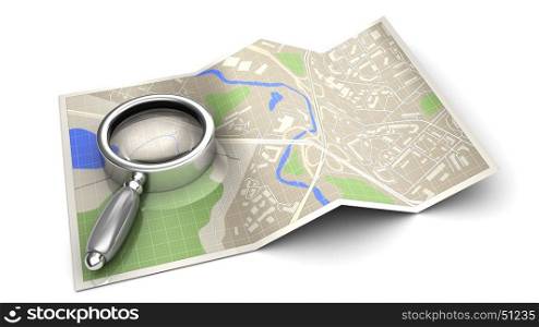 3d illustration of find on map concept or icon, over white background