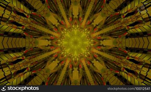3D illustration of flower shaped symmetric kaleidoscope ornament in golden and orange colors as abstract background. 3D illustration of abstract symmetric lines forming floral pattern