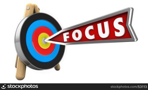3d illustration of focus arrow with target stand over white background