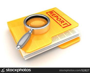 3d illustration of folder and magnify glass, business report concept