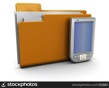 3d illustration of folder icon with pda, over white background