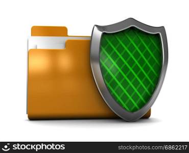 3d illustration of folder protected by green shield, information protect concept