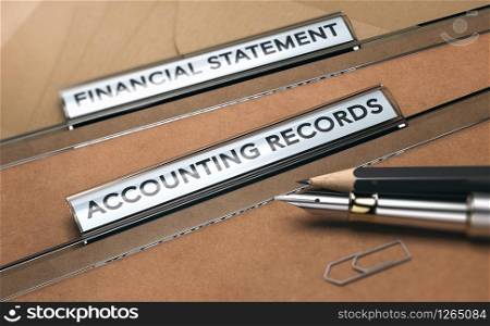 3D illustration of folder tabs with the text accounting records and financial statements, two pencils and a paperclip.. Accounting Records, Financial Statements
