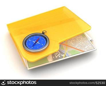 3d illustration of folder with maps and compass