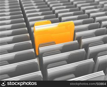 3d illustration of folders and one selected, finded file concept. finded file