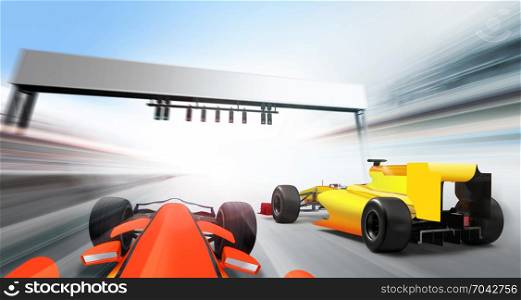 3D illustration of formula one cars driving at high speed lap - motion blur