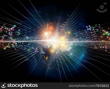 3D illustration of fractal burst and atomic structures on the subject of elementary particle physics, deep space , astrophysics, education and virtual reality.
