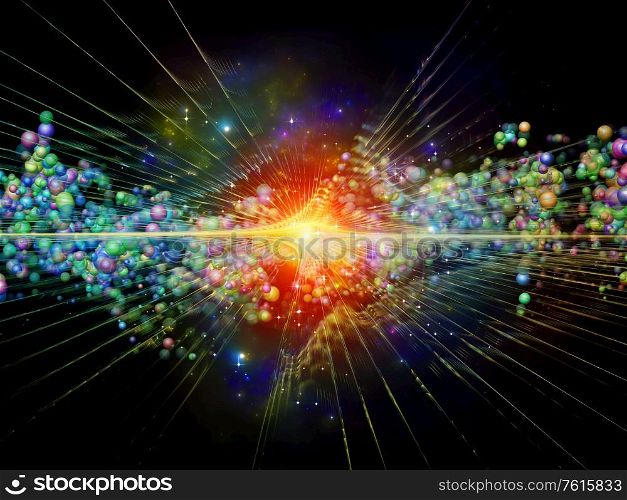 3D illustration of fractal burst and atomic structures on the subject of elementary particle physics, deep space , astrophysics, education and virtual reality.
