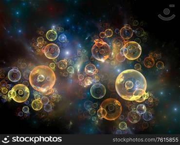 3D illustration of fractal spheres and lights on the subject of elementary particle creation, space physics, astrophysics, education and virtual reality.