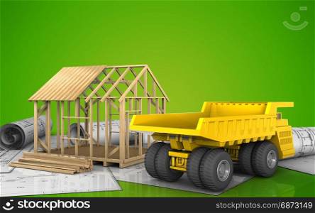 3d illustration of frame house construction over green background. 3d of frame house construction