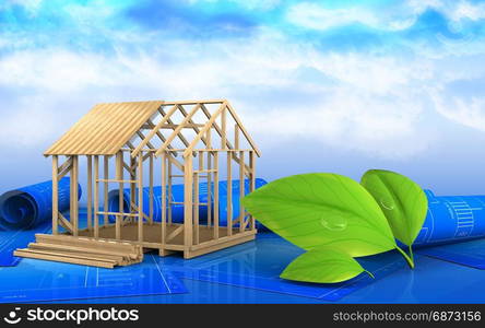 3d illustration of frame house construction over sky background. 3d