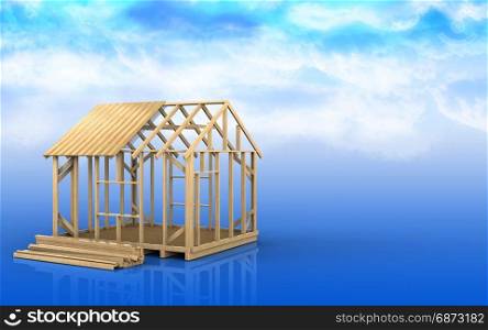 3d illustration of frame house construction over sky background. 3d blank