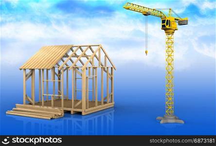 3d illustration of frame house construction over sky background. 3d of crane
