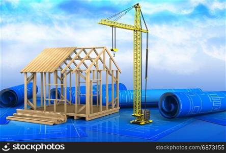 3d illustration of frame house construction over sky background. 3d of frame house construction