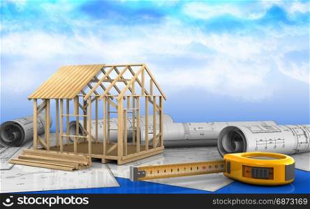 3d illustration of frame house construction over sky background. 3d of ruler