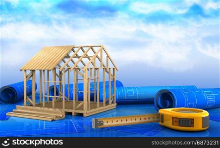 3d illustration of frame house construction over sky background. 3d of ruler