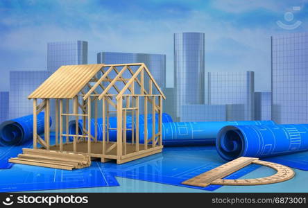 3d illustration of frame house construction over skyscrappers background. 3d blank