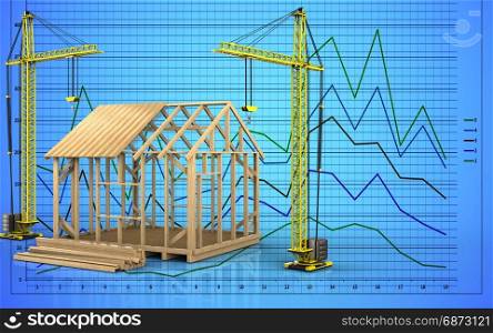 3d illustration of frame house construction with crane over graph background. 3d with crane