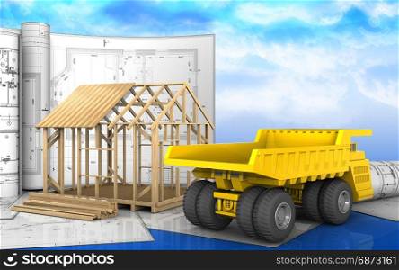 3d illustration of frame house construction with drawings over sky background. 3d with drawings