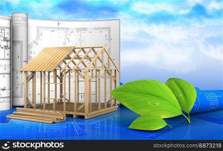 3d illustration of frame house construction with drawings over sky background. 3d with drawings