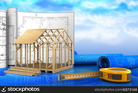 3d illustration of frame house construction with drawings over sky background. 3d of frame house construction