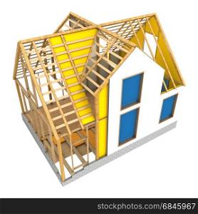3d illustration of frame house design process. house frame structure