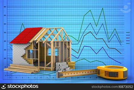 3d illustration of frame house over graph background. 3d of frame house