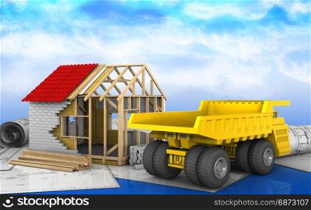 3d illustration of frame house over sky background. 3d of heavy truck