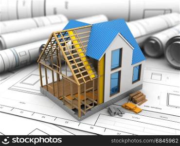 3d illustration of frame house structure design over blueprints background. house design