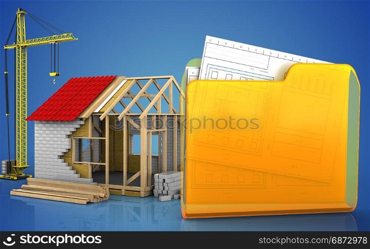 3d illustration of frame house with crane over blue background. 3d of folder