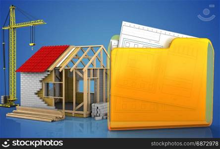 3d illustration of frame house with crane over blue background. 3d of folder
