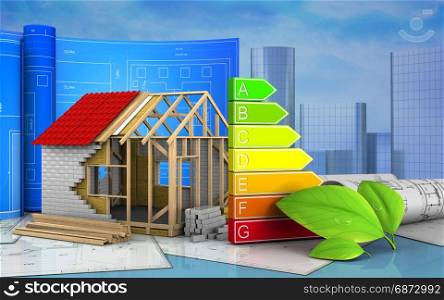 3d illustration of frame house with drawing roll over skyscrappers background. 3d of frame house