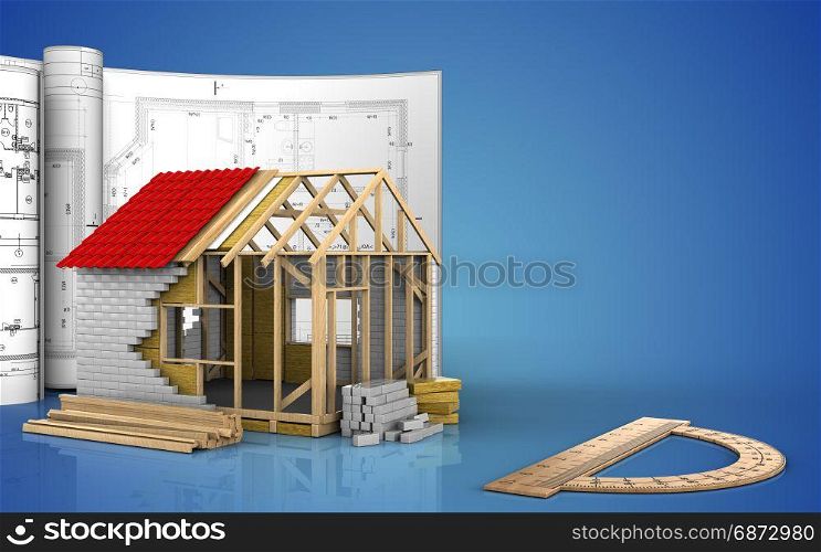 3d illustration of frame house with drawings over blue background. 3d blank